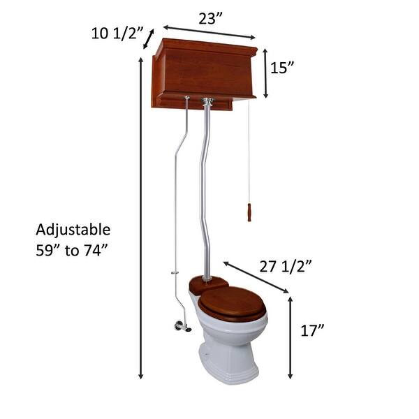 High Tank Pull Chain Toilet Light Mahogany Flat Tank 59" 74" Satin Z Pipes and Elongated White